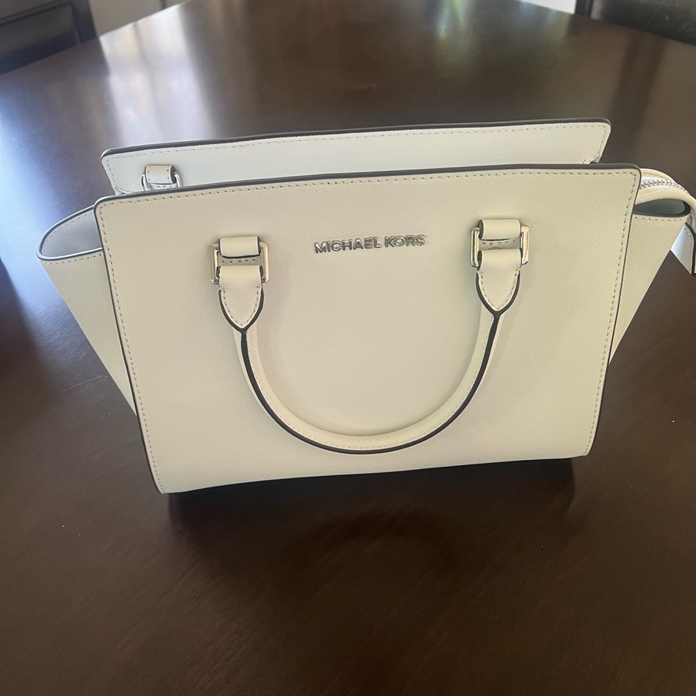 Michael Kors White Satchel with Textured Finish and Trapezoidal Shape